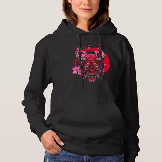 Oni Mask Sakura Flowers Aesthetics Style Japan Vap Hoodie (Voorkant)