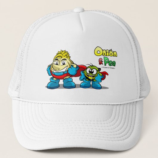 Onion & Pea characters hat. Trucker Pet (Voorkant)