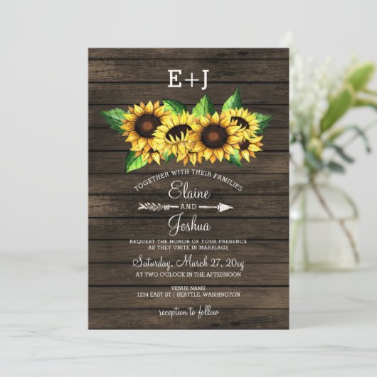 onkruideniershout Zonnebloemen Land Rustic Wedding Kaart (Staand voorkant)