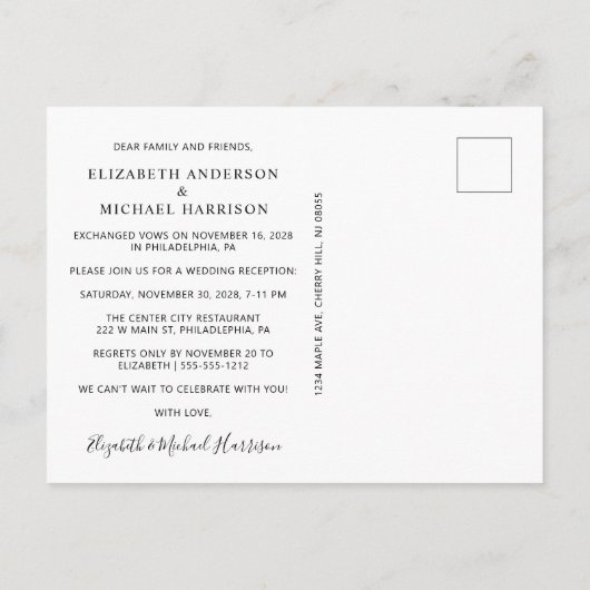 Onlangs Getrouwd Bruiloftsreceptie Foto Aankondigingskaart (Achterkant)