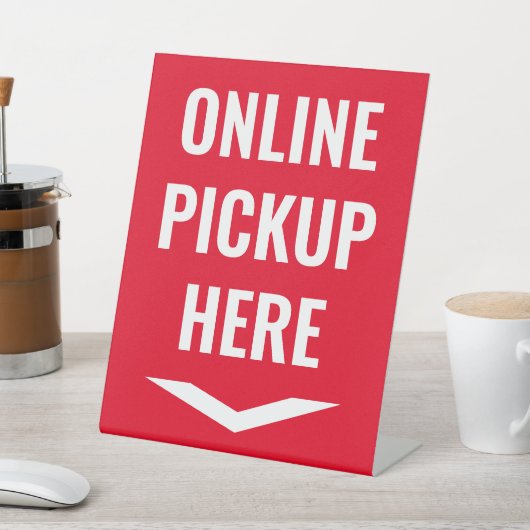 Online afhaling hier rood reclamebord met voetstuk (Insitu)