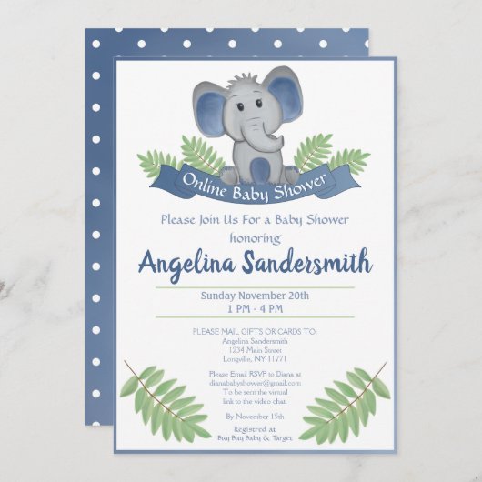Online Baby shower per mail Blue Boy Elephant Kaart (Voorkant / Achterkant)