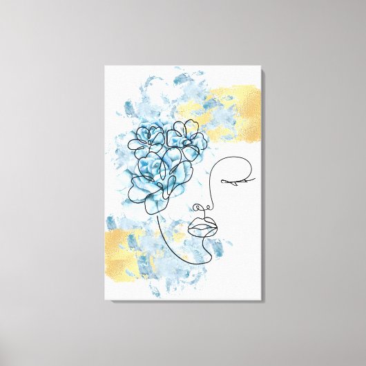 Online face art Blauw water pijn bloemen goud Canvas Afdruk (Voorkant)