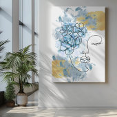 Online face art Blauw water pijn bloemen goud Canvas Afdruk