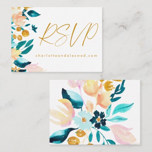 Online Huwelijkswebsite RSVP Blauw Groen Bloemen Informatiekaartje (Voorkant / Achterkant)