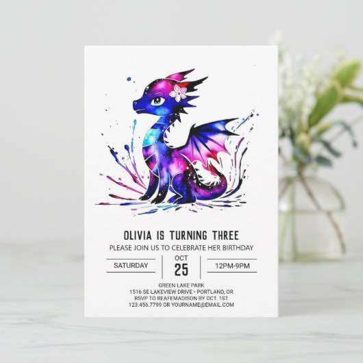 Online Kleurrijke Dragon Digitale Meisje Verjaarda Kaart (Staand voorkant)