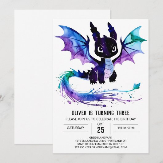 Online Paarse Dragon Digitale Jongen Verjaardag Kaart (Voorkant / Achterkant)