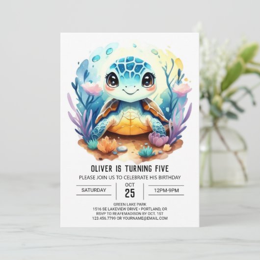 Online Pastel Aquatic Turtle Boy Verjaardag Kaart (Staand voorkant)