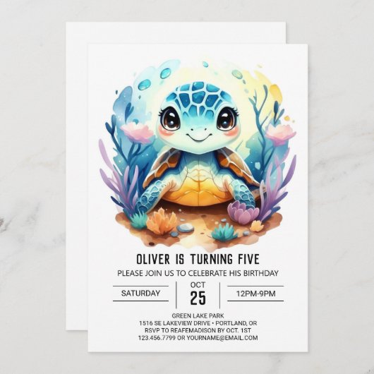 Online Pastel Aquatic Turtle Boy Verjaardag Kaart (Voorkant / Achterkant)