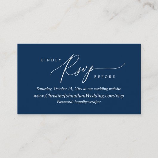 Online RSVP, Moderne Eenvoudige Navy Blue Script E Informatiekaartje (Voorkant)
