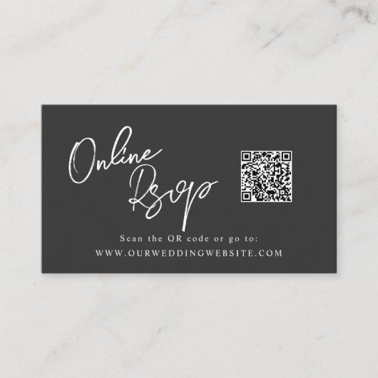 Online RSVP QR Code black satin website Visitekaartje (Voorkant)