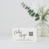 Online RSVP QR-code ivoorwitte satijnen website Visitekaartje (Staand voorkant)