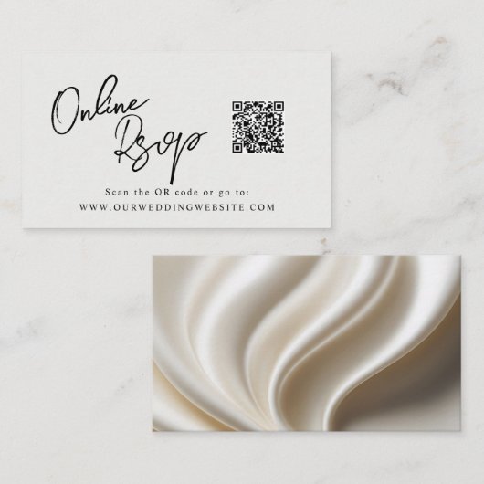 Online RSVP QR Code ivory white satin website Visitekaartje (Voorkant / Achterkant)
