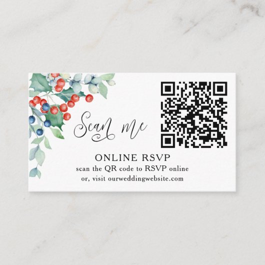 Online RSVP QR Code Winter Berries Weddenschap Web Informatiekaartje (Voorkant)