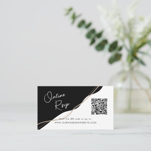 Online RSVP QR Code zwart en wit bruiloft website Visitekaartje (Staand voorkant)