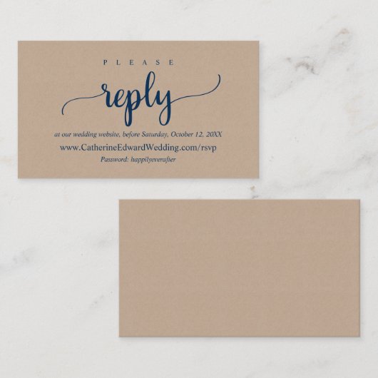 Online RSVP-website, Navy Blue font, Brown Kraft Informatiekaartje (Voorkant / Achterkant)