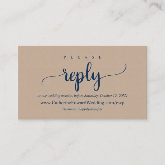 Online RSVP-website, Navy Blue font, Brown Kraft Informatiekaartje (Voorkant)