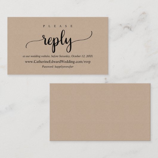 Online RSVP-website, zwart script, bruine Kraft Informatiekaartje (Voorkant / Achterkant)