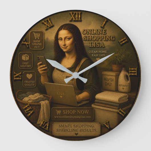 Online Shopping Funny Mona Lisa Shopper Gift Grote Klok (Voorkant)
