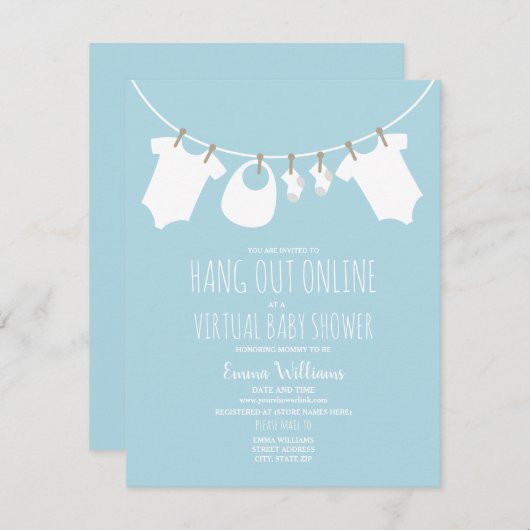 Online Virtual Baby shower Clothesline Blue Kaart (Voorkant / Achterkant)