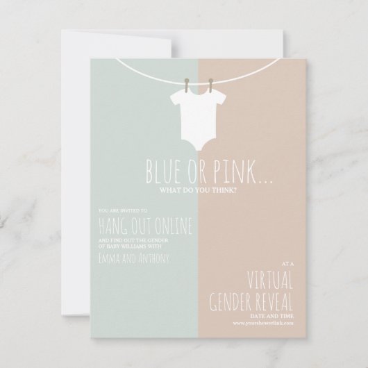 Online Virtual Gender Reveal Clothesline Pink Blue Kaart (Voorkant)