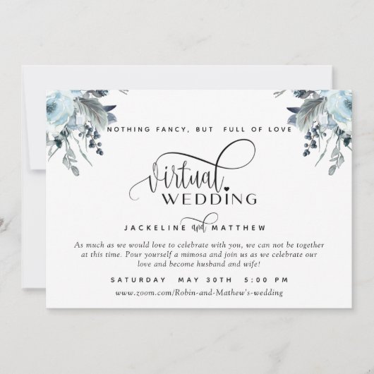 Online Virtual Wedding Blue, White en Grey Floral Save The Date (Voorkant)