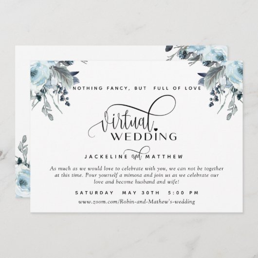 Online Virtual Wedding Blue, White en Grey Floral Save The Date (Voorkant / Achterkant)