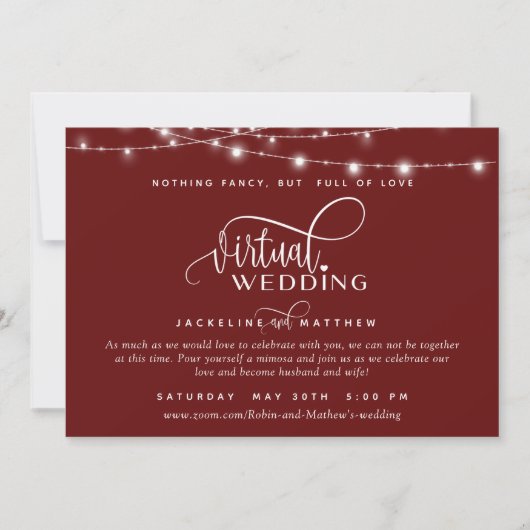 Online Virtual Wedding Bourgogne Rood, String Ligh Save The Date (Voorkant)