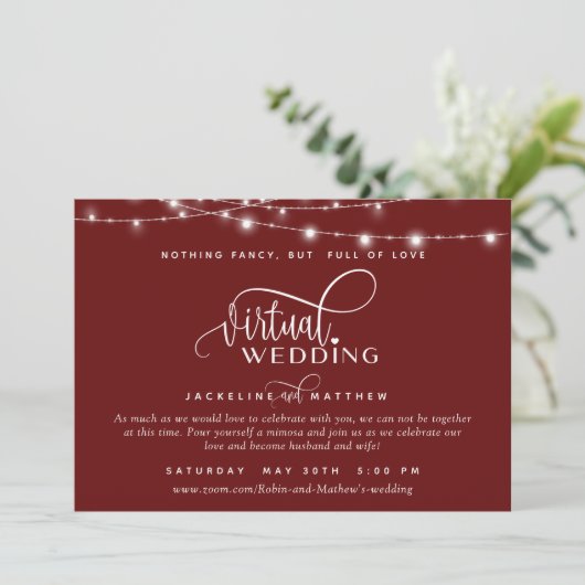 Online Virtual Wedding Bourgogne Rood, String Ligh Save The Date (Staand voorkant)