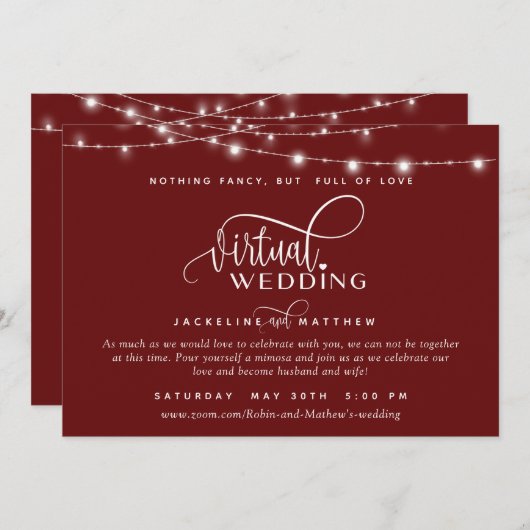 Online Virtual Wedding Bourgogne Rood, String Ligh Save The Date (Voorkant / Achterkant)