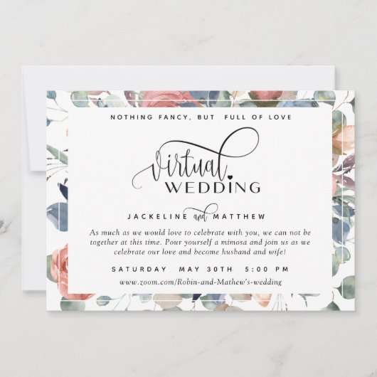 Online Virtual Wedding Dusty Blue en Blush Floral Save The Date (Voorkant)