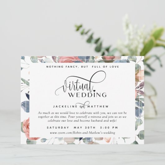 Online Virtual Wedding Dusty Blue en Blush Floral Save The Date (Staand voorkant)