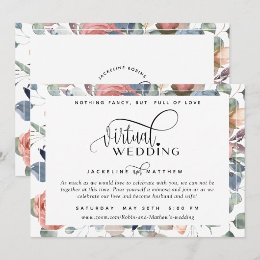 Online Virtual Wedding Dusty Blue en Blush Floral Save The Date (Voorkant / Achterkant)
