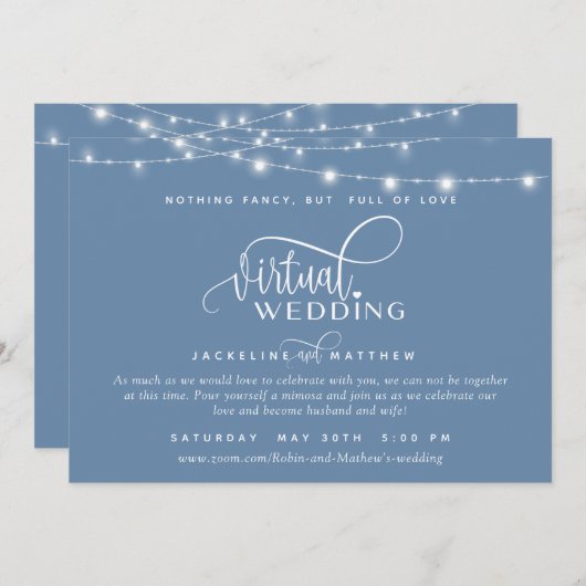 Online Virtual Wedding Dusty Blue, String Lights Save The Date (Voorkant / Achterkant)