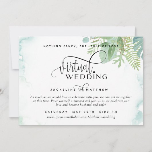 Online Virtual Wedding Elegant Greenery Waterverf Save The Date (Voorkant)