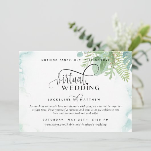 Online Virtual Wedding Elegant Greenery Waterverf Save The Date (Staand voorkant)
