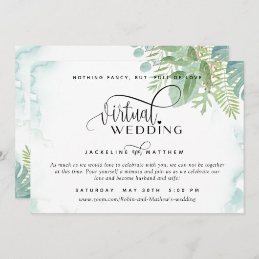 Online Virtual Wedding Elegant Greenery Waterverf Save The Date (Voorkant / Achterkant)