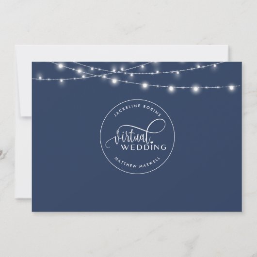 Online Virtual Wedding Marine Blauw, String Lights Save The Date (Achterkant)