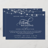 Online Virtual Wedding Marine Blauw, String Lights Save The Date (Voorkant / Achterkant)
