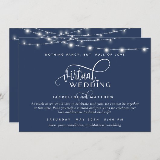 Online Virtual Wedding Marine Blauw, String Lights Save The Date (Voorkant / Achterkant)