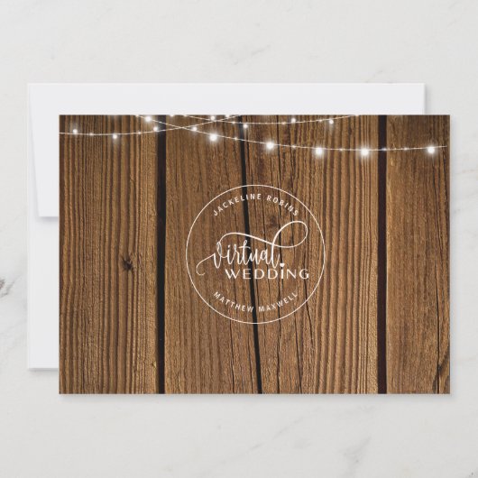 Online Virtual Wedding Rustic Wood, String Lights Save The Date (Achterkant)