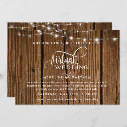 Online Virtual Wedding Rustic Wood, String Lights Save The Date (Voorkant / Achterkant)