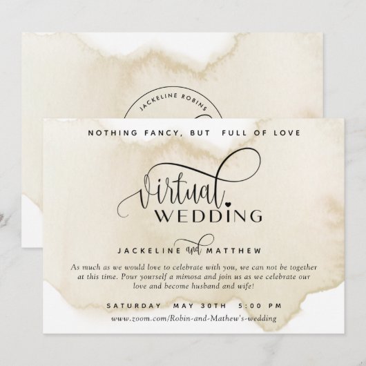 Online Virtual Wedding, Sand Tan Waterverf Save The Date (Voorkant / Achterkant)