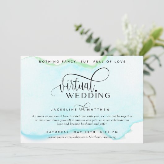 Online Virtual Wedding, Turquoise Groene Waterverf Save The Date (Staand voorkant)
