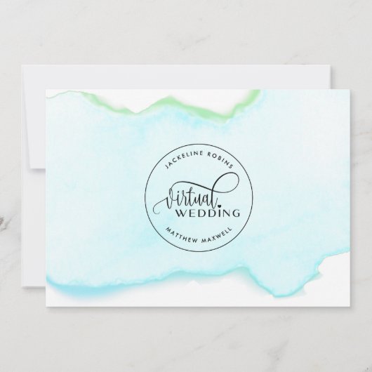 Online Virtual Wedding, Turquoise Groene Waterverf Save The Date (Achterkant)