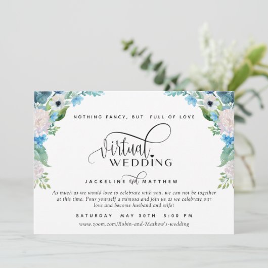 Online Virtueel Huwelijk Blauw Wit en Groen Bloems Save The Date (Staand voorkant)