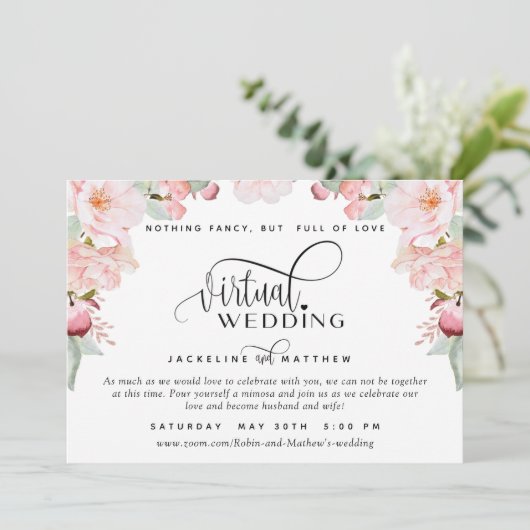 Online virtuele bruiloft, Blush Pink Floral Save The Date (Staand voorkant)