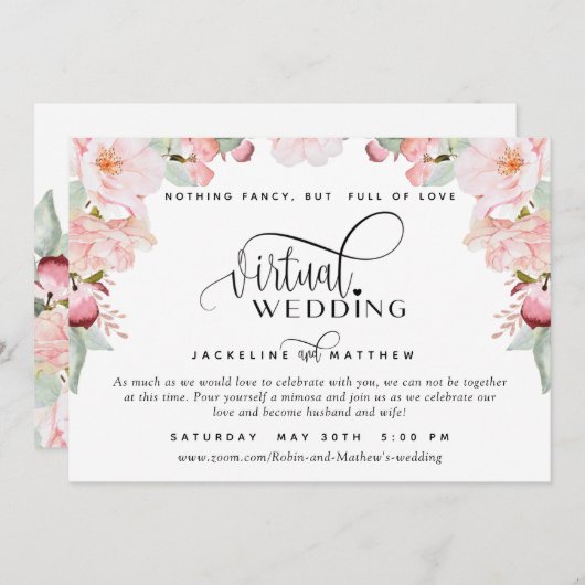 Online virtuele bruiloft, Blush Pink Floral Save The Date (Voorkant / Achterkant)