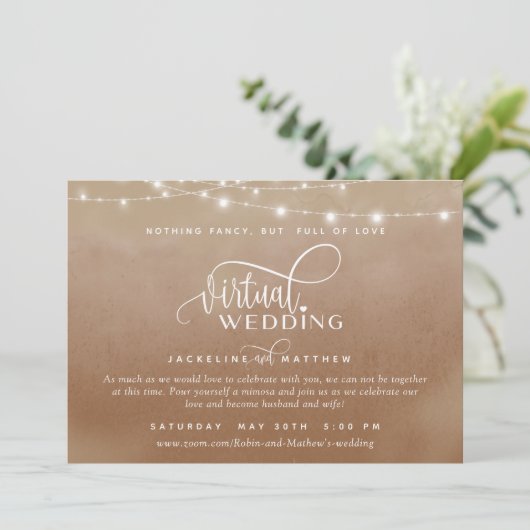 Online virtuele bruiloft Terracotta, String Lights Save The Date (Staand voorkant)