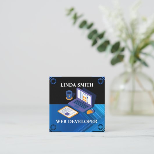 Online Web Developer Social Media Manager Blauw Vierkante Visitekaartje (Staand voorkant)
